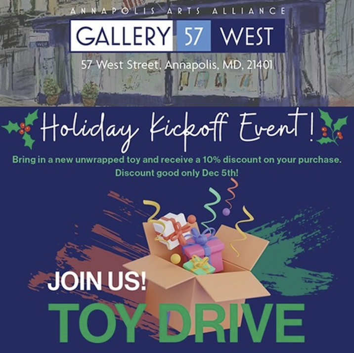Holiday Toy Drive Kickoff event graphic for Gallery 57 West